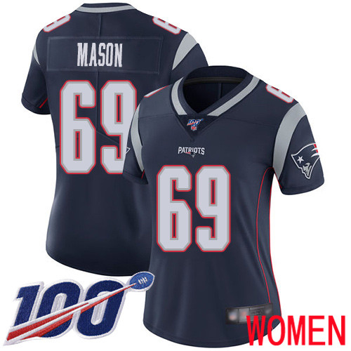 New England Patriots Football 69 100th Season Limited Navy Blue Women Shaq Mason Home NFL Jersey